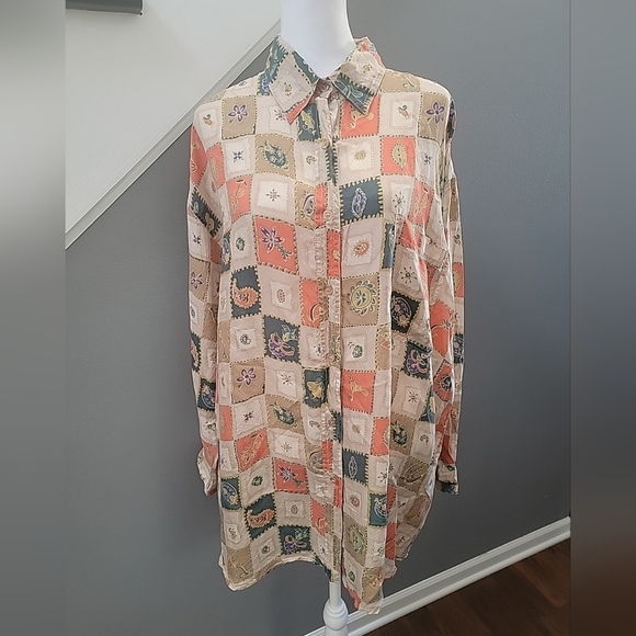 Vintage 100% Silk Button Down Shirt size 22 80s Retro Floral Print - Picture 1 of 5